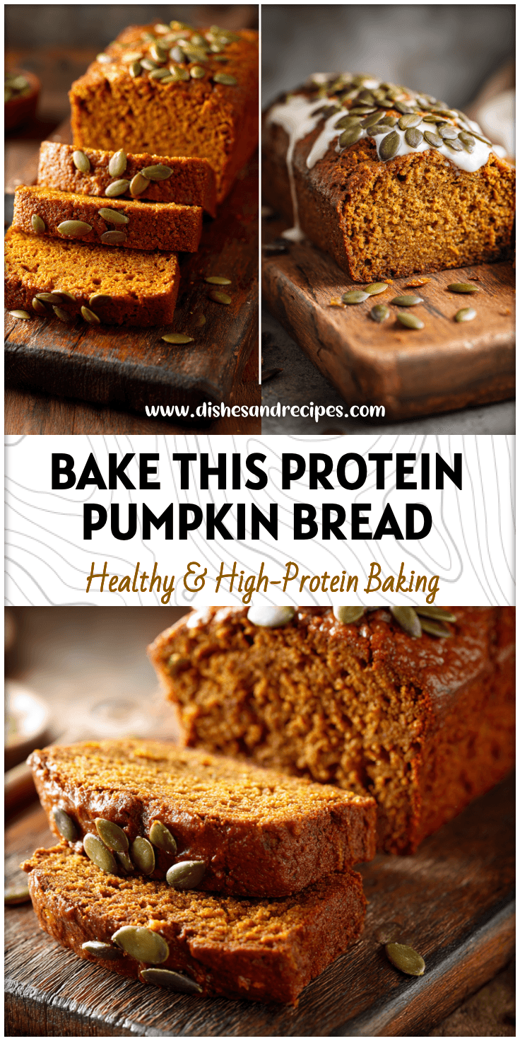 A sliced loaf of Pumpkin Bread High Protein topped with pumpkin seeds on a rustic wooden board.